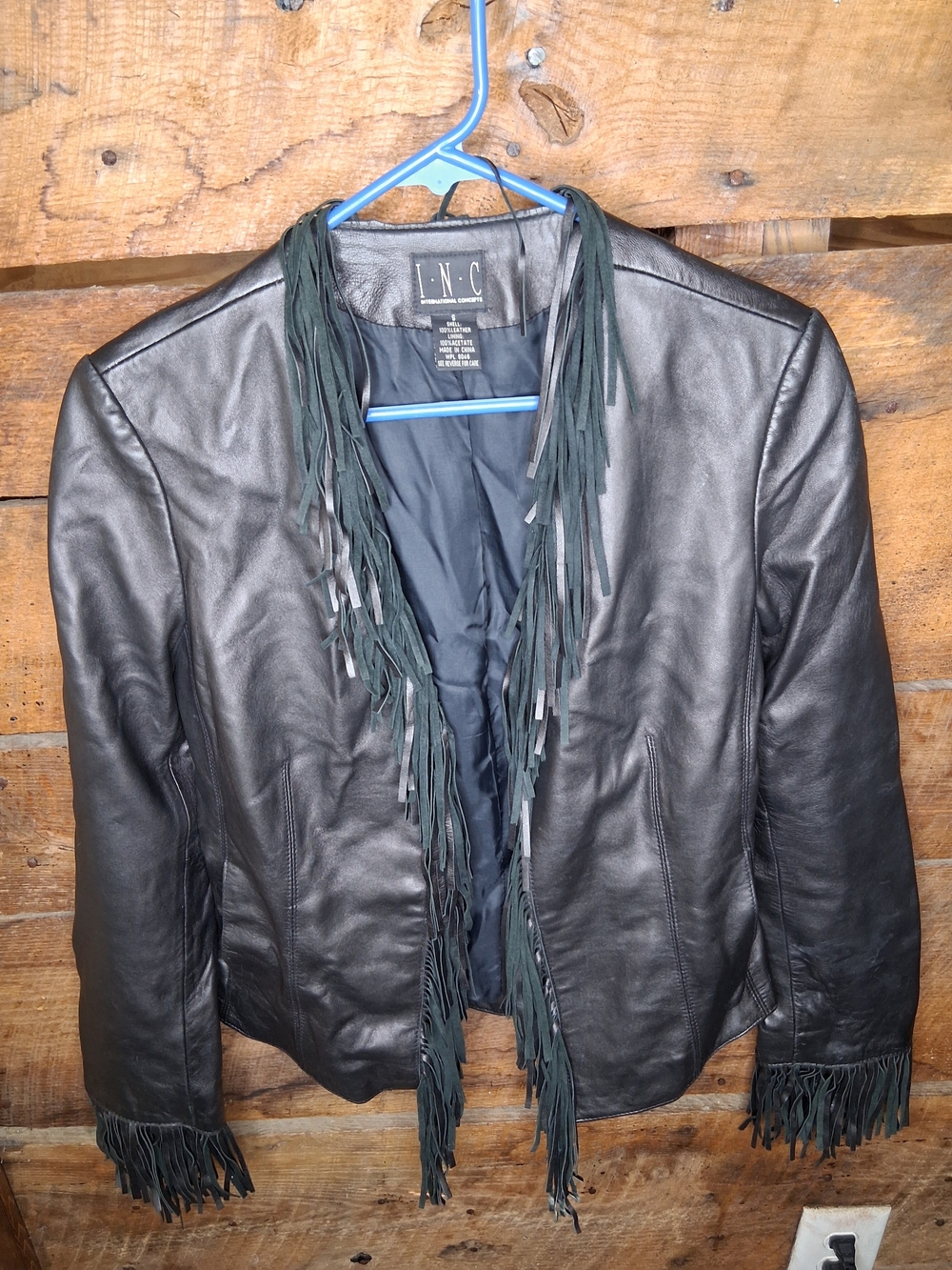 INC International Concepts Black Leather Fringe Jacket